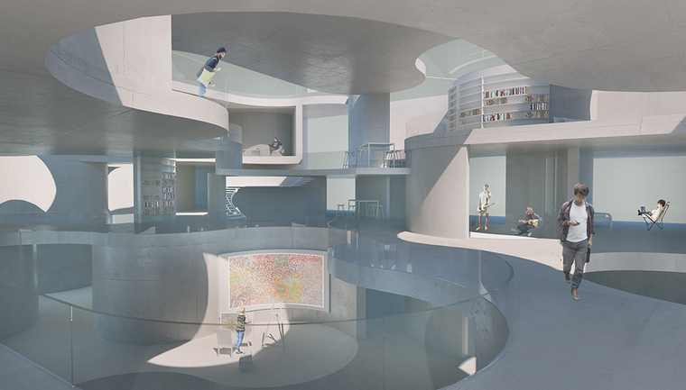 Architectural rendering of an interior with multiple floors