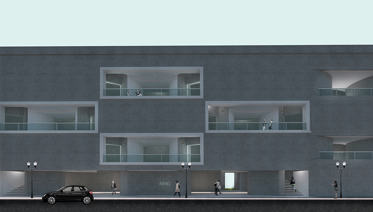 Rendering of the exterior of a long flat building on a street