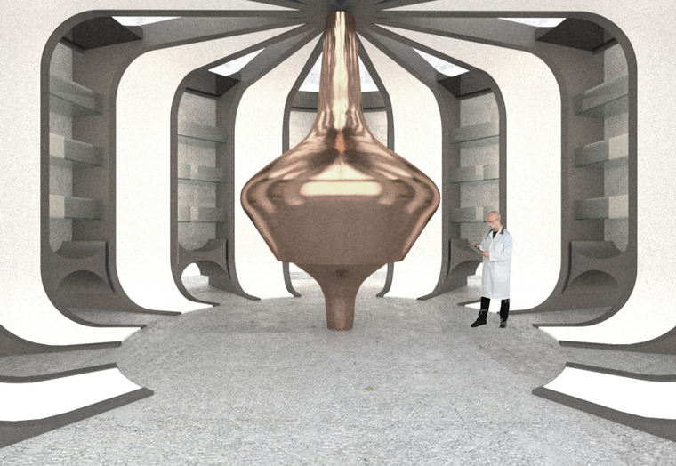 Rendering of a futuristic space with a large metal machine in the center