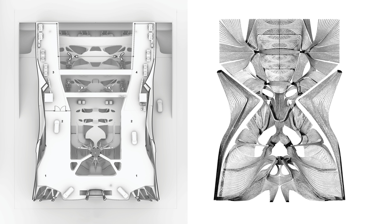 Two renderings of architectural spaces with swooping lines