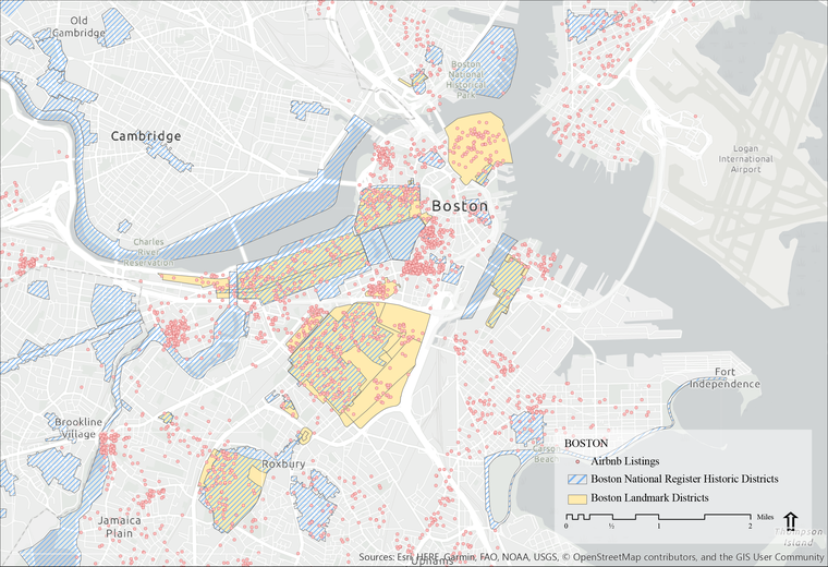 Map of Boston comparing air bnb locations with historical landmark locations