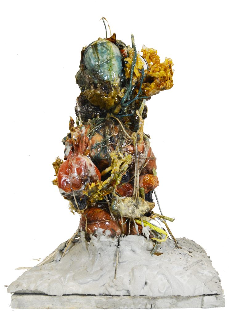 Organic objects wrapped in synthetic materials, obscuring artificial & natural through the blurring of decay & growth.