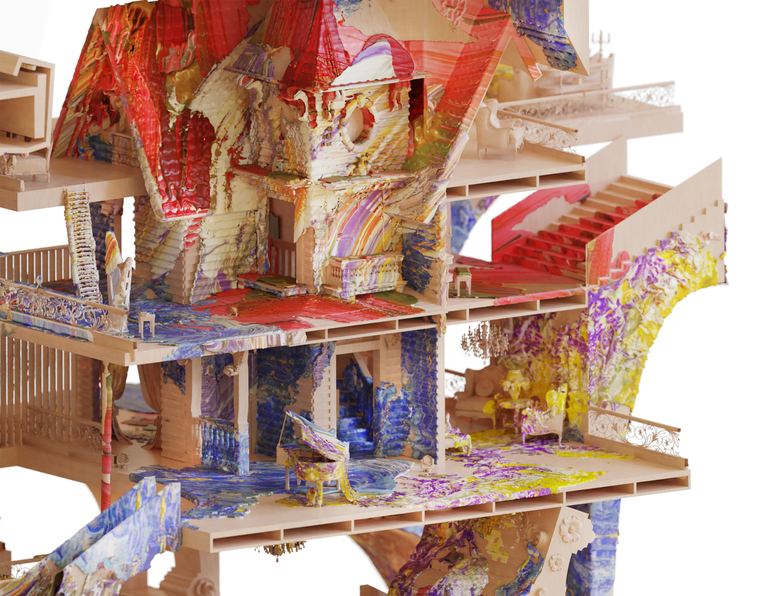 Red-blue paints delineate the original volume of the House, while pianos and sofas are rained with the others.