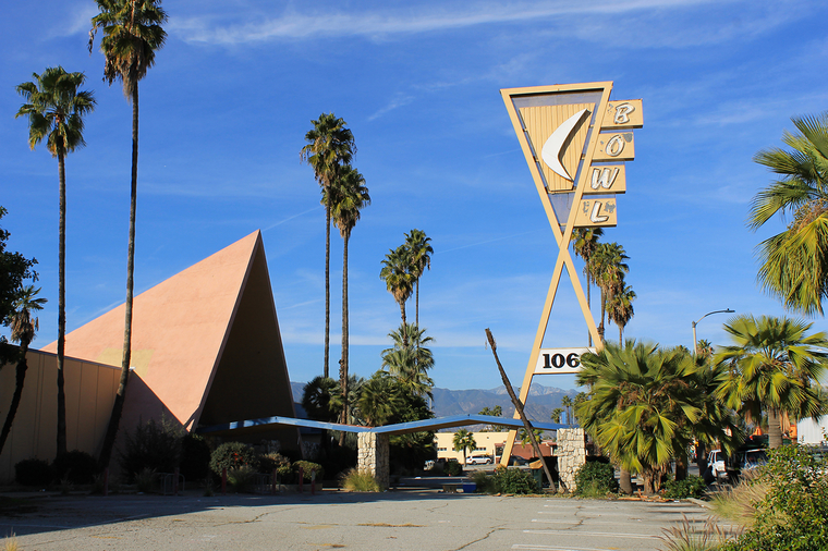The Covina Bowl, vacant the iconic Googie building is vulnerable to change and demolition. Covina, California.