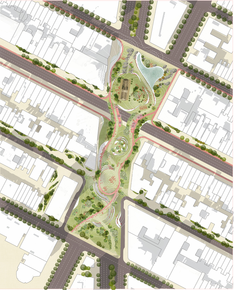 Site plan shows proposal for future broadway street as an pedestrian park.