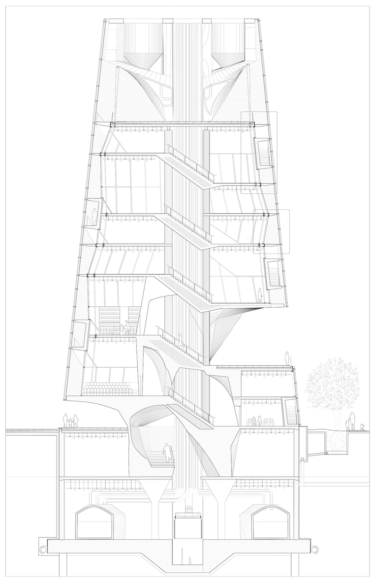 Architectural rendering of a complex building
