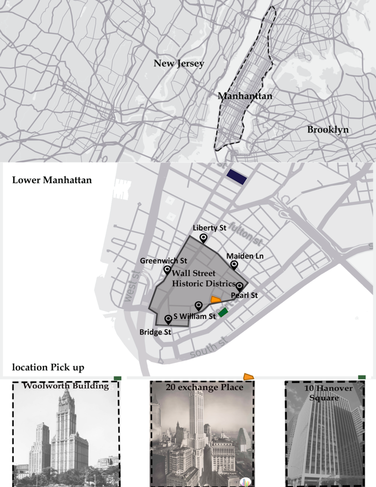 Map of Manhattan with Wall Street Historic Area highlighted