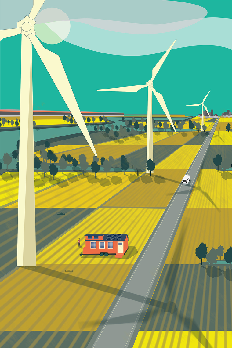 Poster showing a future farm with wind turbines