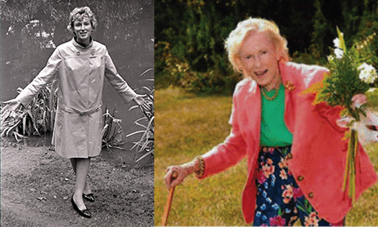 Ann Strong at middle age in a raincoat outdoors, and Strong in later life holding flowers 