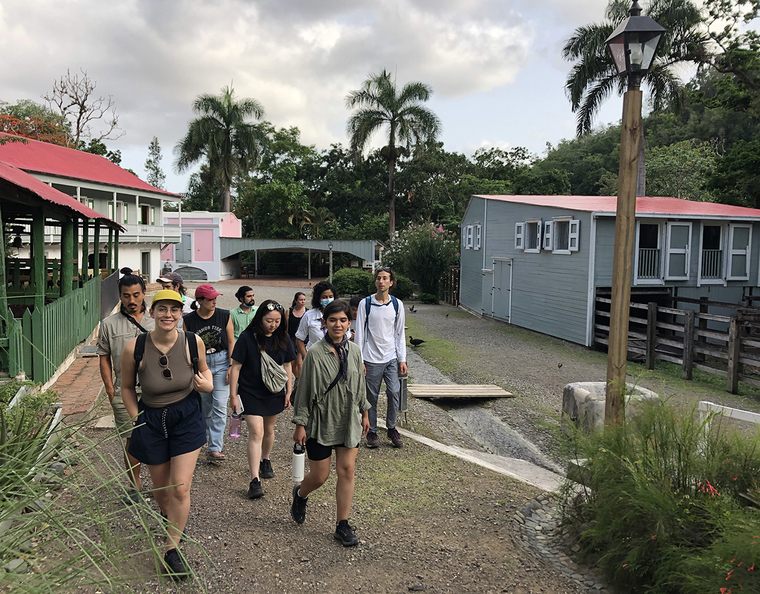 A group of students walking through a neighborhood in Puerto Rico