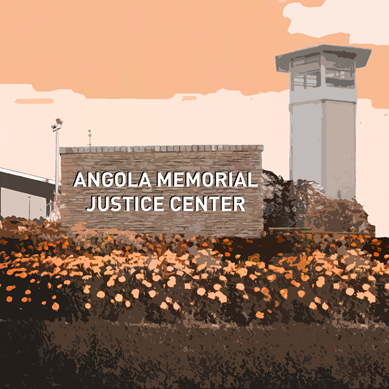 Illustration showing a stone wall with lettering reading Angola Memorial Justice Center