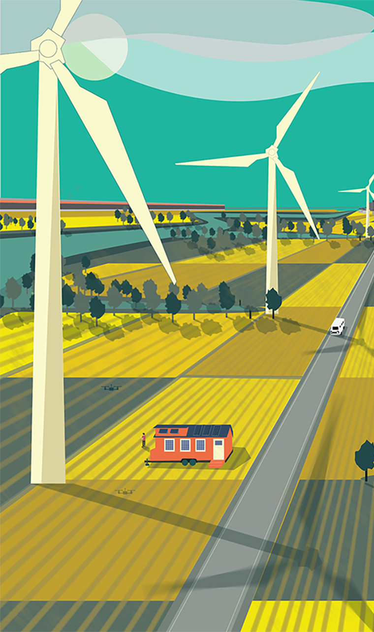 Cartoon-like illustration of countryside showing a house and large wind turbines