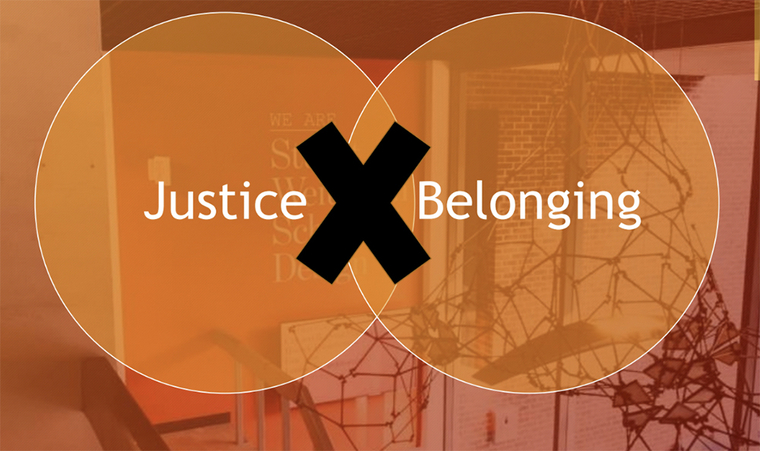 Graphic w two circles and the words Justice and Belonging separated by a large X