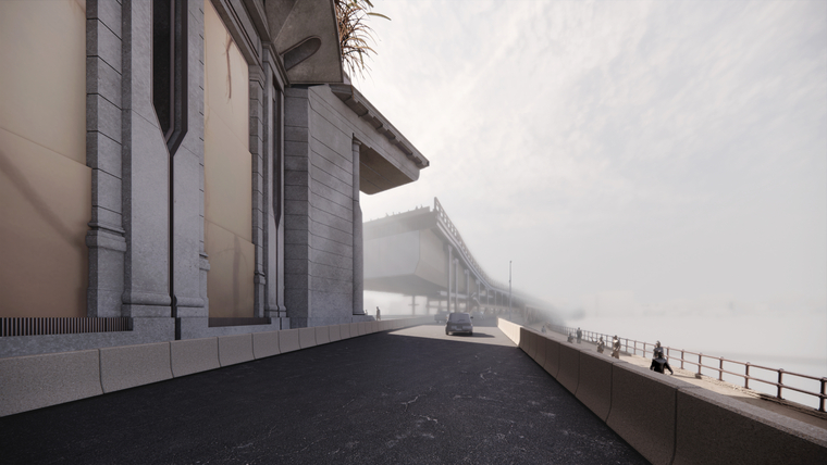 The highway folly is bold and grand in a contemporary way that almost touches but still stands a distance from its neighbor.