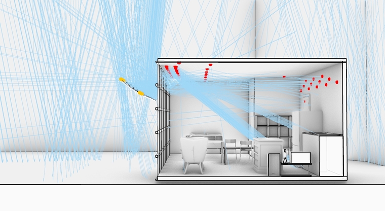 Ray tracing diagram of sky view panels in the living lab located in-between tall buildings.