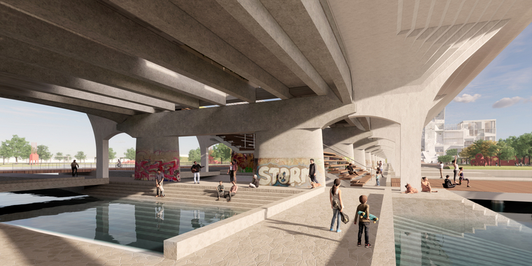 Underside of bridge transformed for play area and park access