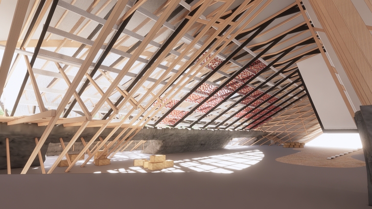 Interior render of project showing sun light beaming through timber structure interlaced with industrial structure 
