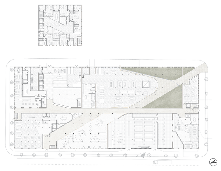 floor plan, long diagonal cut through on ground floor, large public space in center and garden 