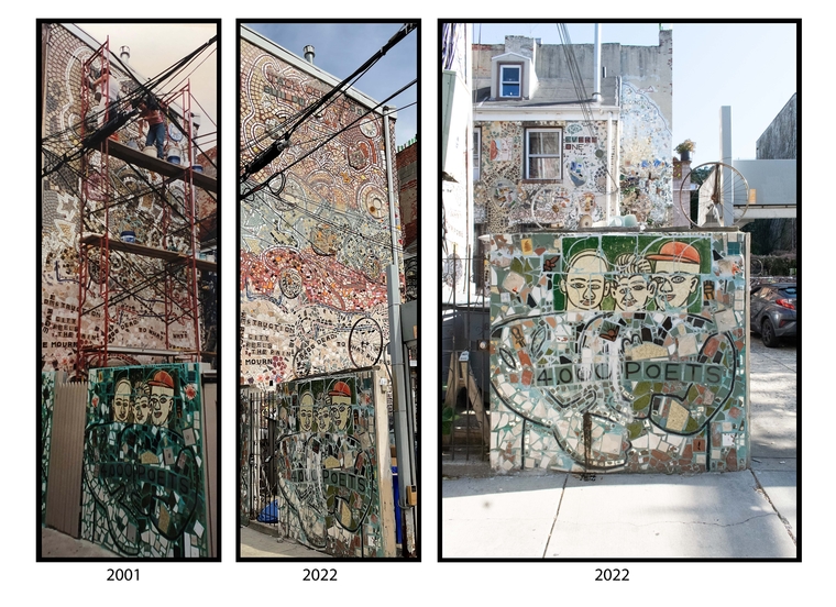 Left: 4,000 Poets west façade; Rear of 834 South St in progress; 2001; Philadelphia Magic Gardens ArchiveCenter/ Right: 4,000 Po