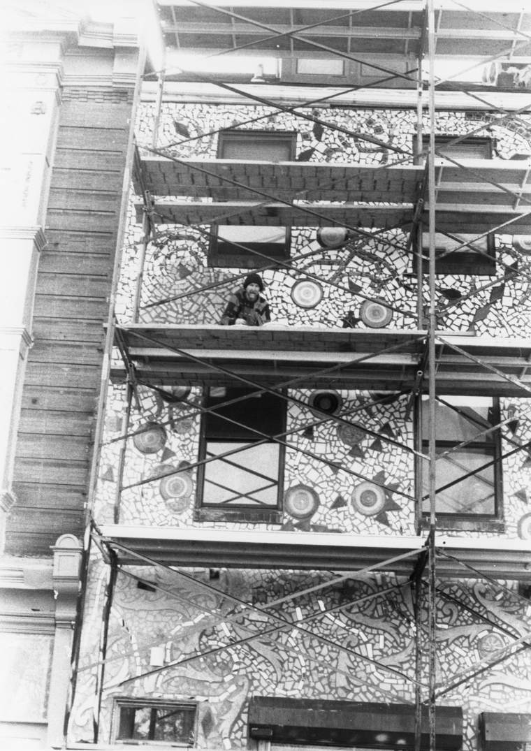 Isaiah Zagar on scaffolding during mosaic process; 826 South St; 1980s; Philadelphia Magic Gardens Archive
