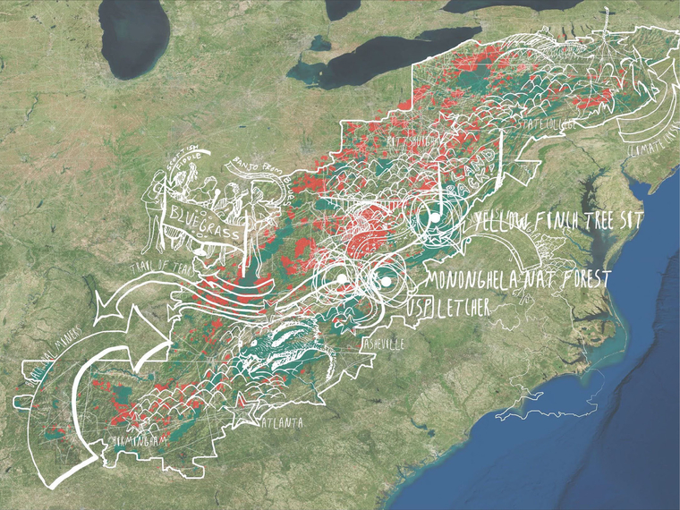 Map of the eastern United States with lines and text drawn on it