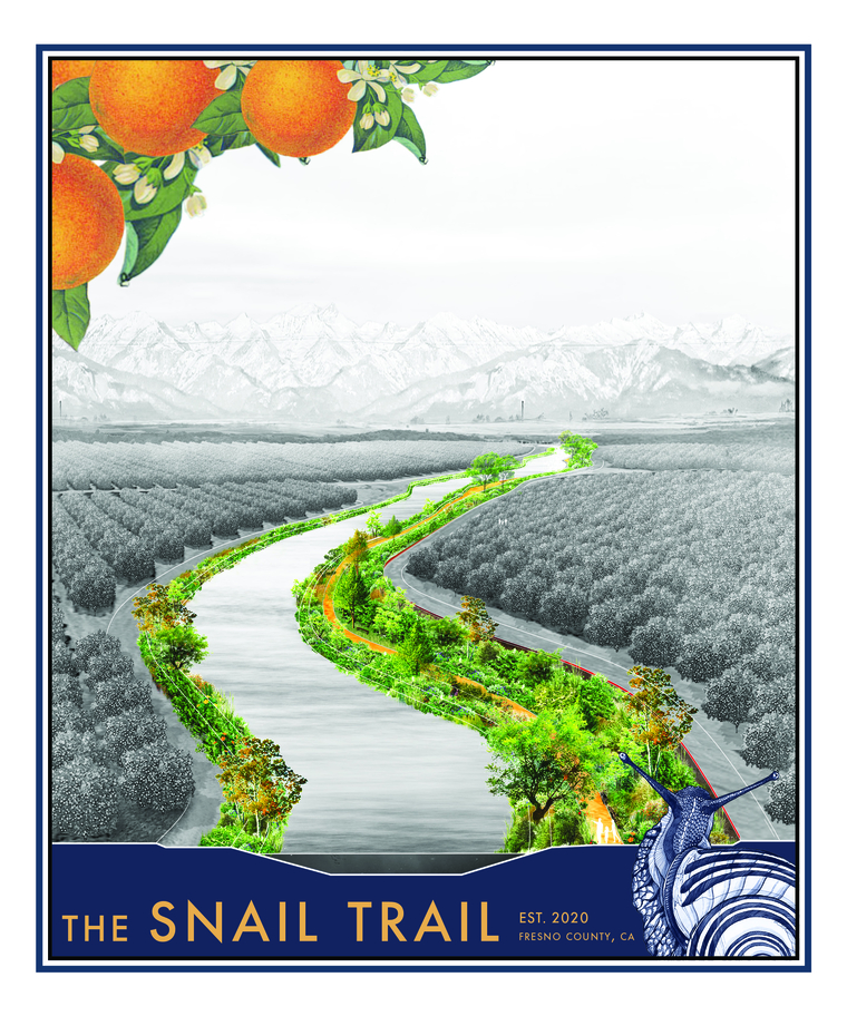 Aerial view poster of the Snail Trail cutting through Fresno's Citrus Orchards along a water canal