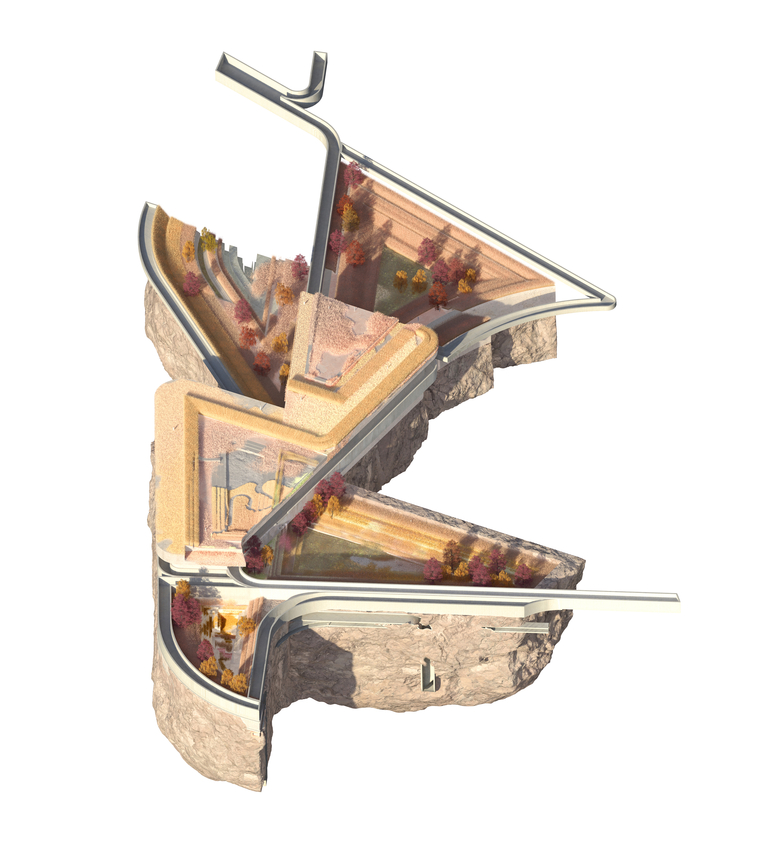 Axonometric cutaway of 21st Century self sufficient AI run farm, located on the edge of the Mississippi River.