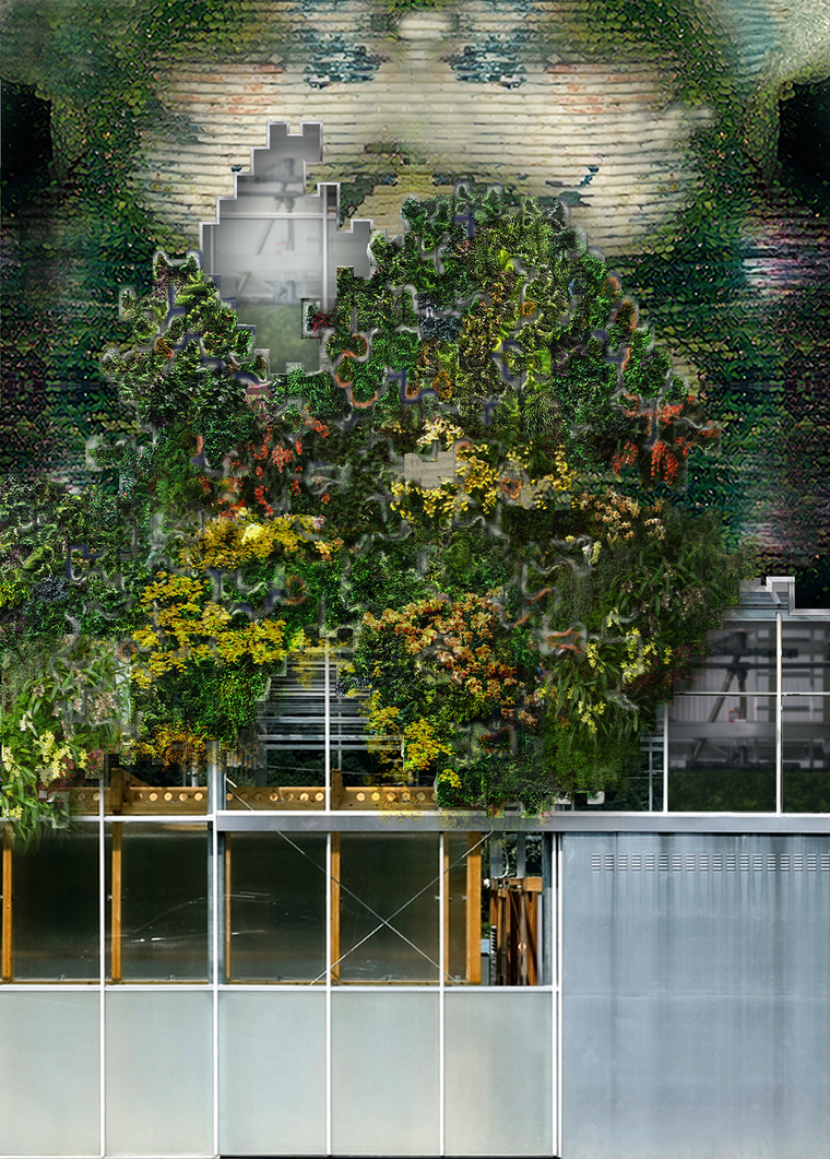 Complex architectural model incorporating real plants