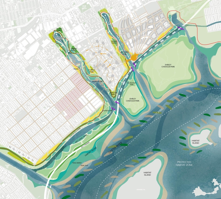 Map showing waterways and park land