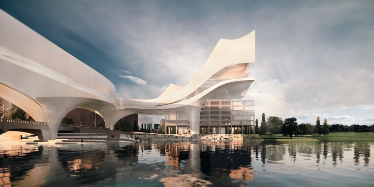 Box and Bridge: View across the aqua theater from the West Dallas