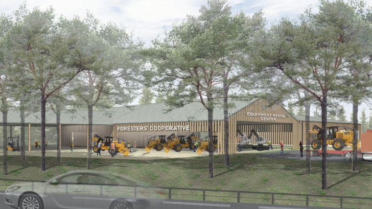 Equipment rental center with symbolic architecture representing foresters' cooperative