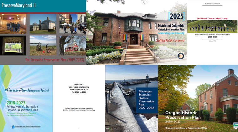 A collage of Statewide Historic Preservation Plans for the seven State Historic Preservation Officesthat the author interviewed.