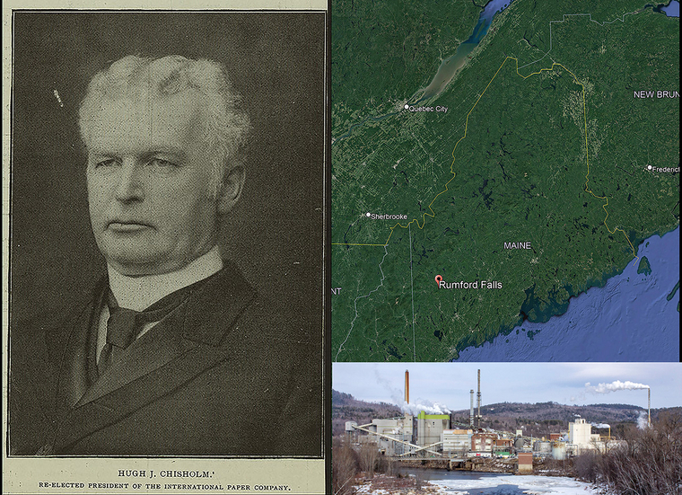 [left] Hugh J. Chisholm, Sr. (1847-1912), first President of the Oxford Paper Company; [upper right] Location of Rumford Falls, 