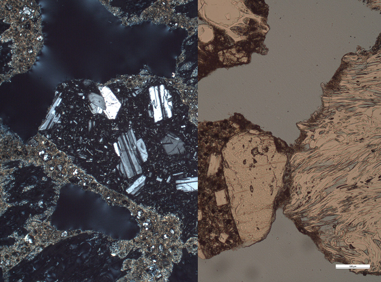 Cross-polarized view of a thin section of Akoustolithstone from Memorial Hall, Nebraska State Capitol showing the interconnected