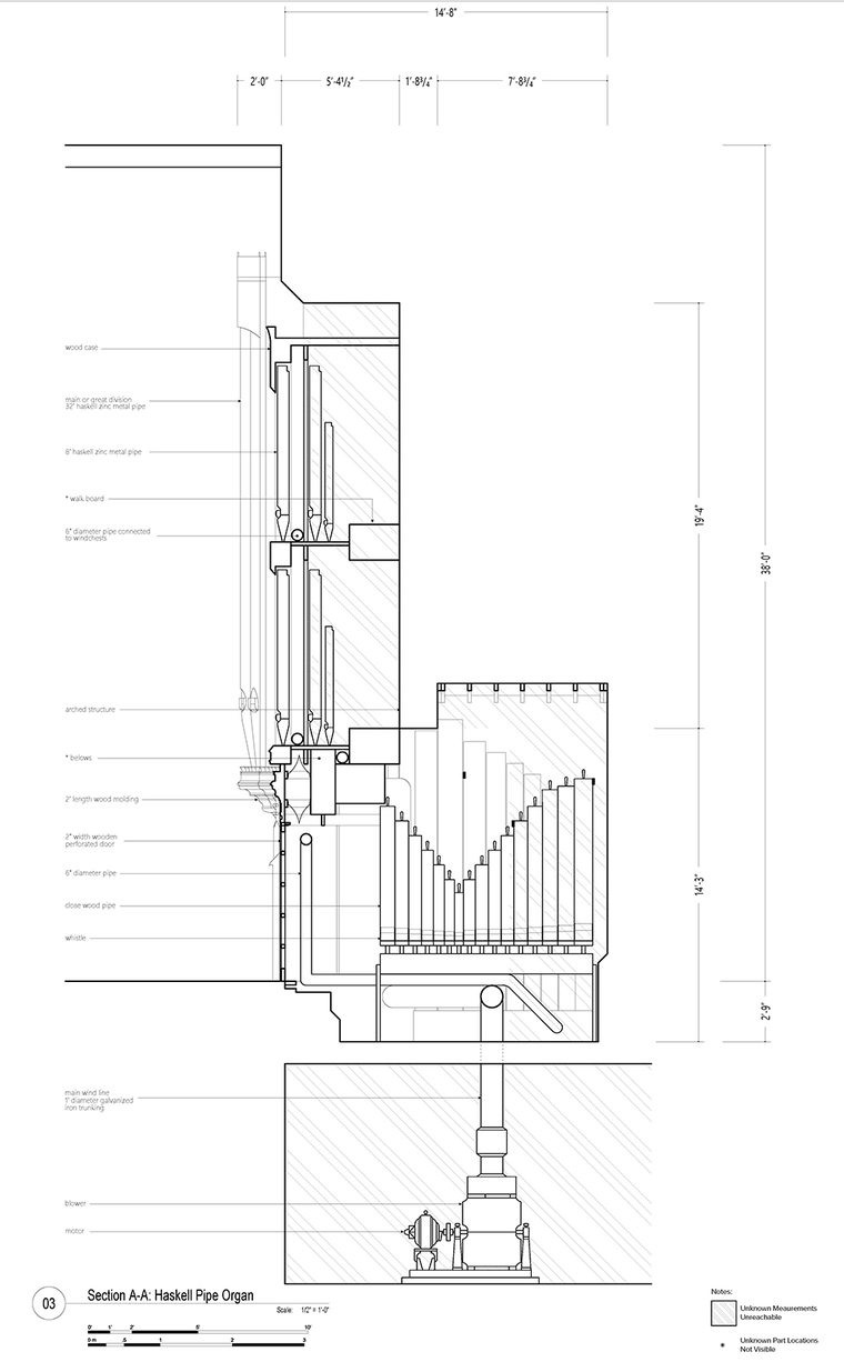 Section drawing of Haskell pipe organlofts, Carly Adler & Hillary Morales-Robles
