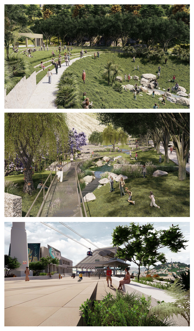 Three renders, depicting lush hilly parks and a large plaza with a metrocable station.