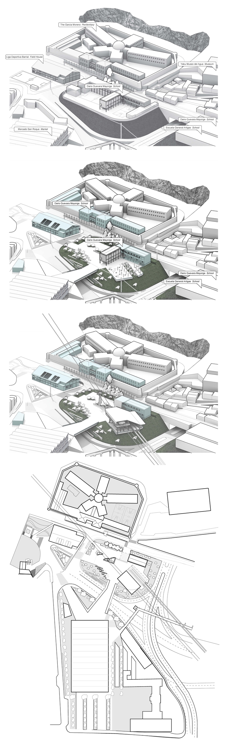 Drawn diagrams revealing the phasing of the project, accompanied by site plan for the node 1 design proposal.