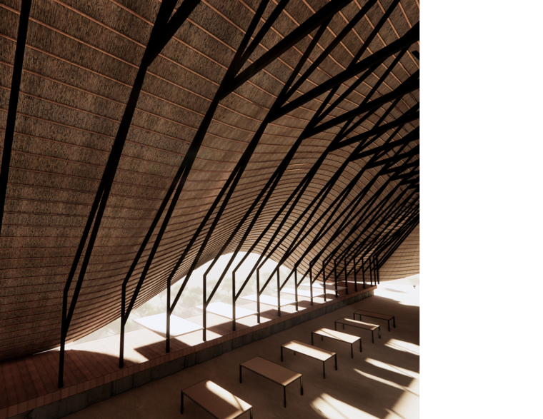 The openings of the window and entrance provide opportunities for sculptural moments of the undulating thatch roof.