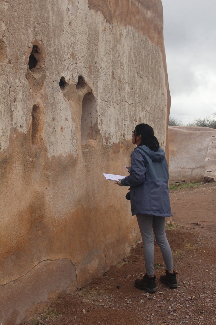 Woman insepcting adobe wall