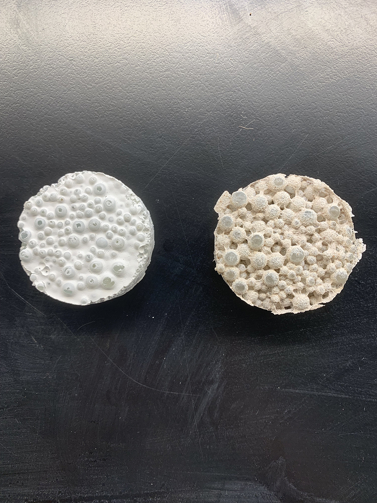 Gelatin with silica flour (left) and psyllium with silica flour (right) were found to most successfully fulfill the optimal prop