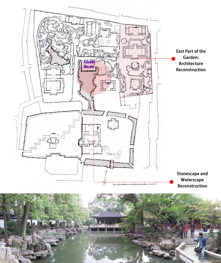 Blueprint of waterway in Chinese garden and photograph of same