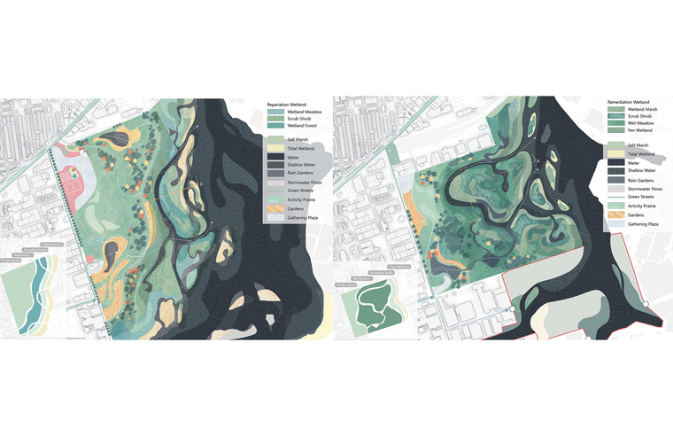 Map showing waterways, park land, and city development