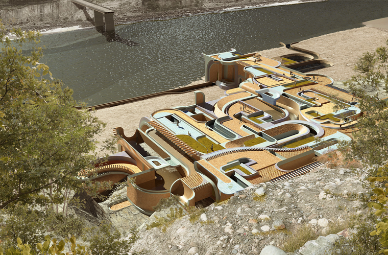 A view from the mountain behind the project looking down on the public water park