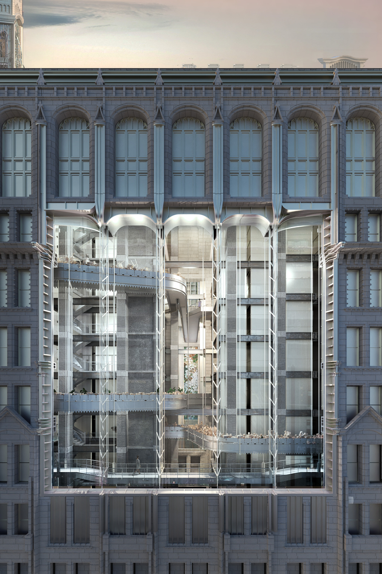 Rendering of an Art Deco building with cutaway view of new high tech intervention