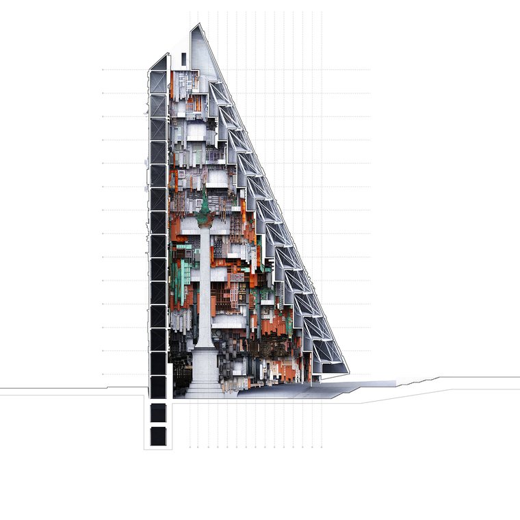 Cutaway rendering of a half-cone shaped building showing a column shaped memorial insite