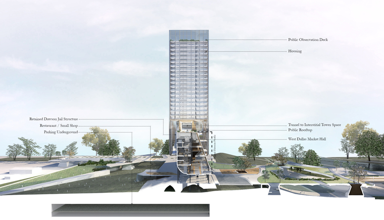 Section through site, featuring the open atrium in the shell of Dawson State Jail with the temporary housing tower in the rear