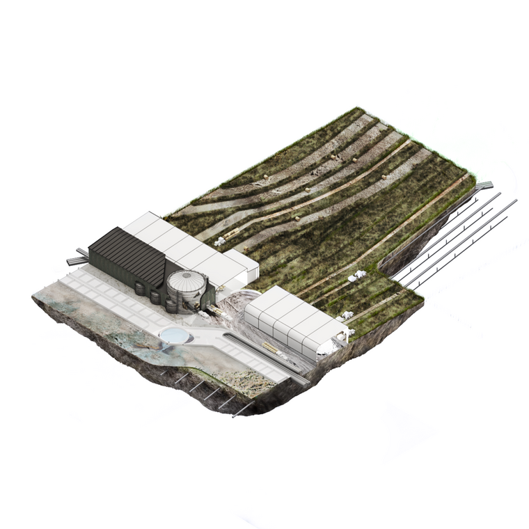 Render of chunk model of proposed project showing industrial buildings