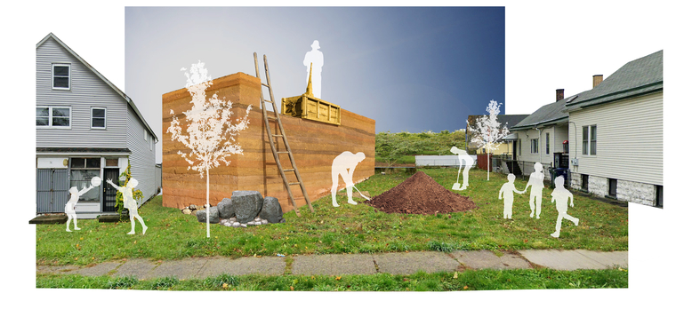 Collage rendering of rammed earth housing construction.