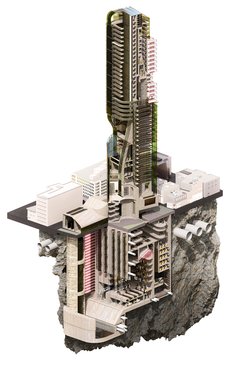 A detailed overall chunk render showing algae tower's various spatial and functional qualities.