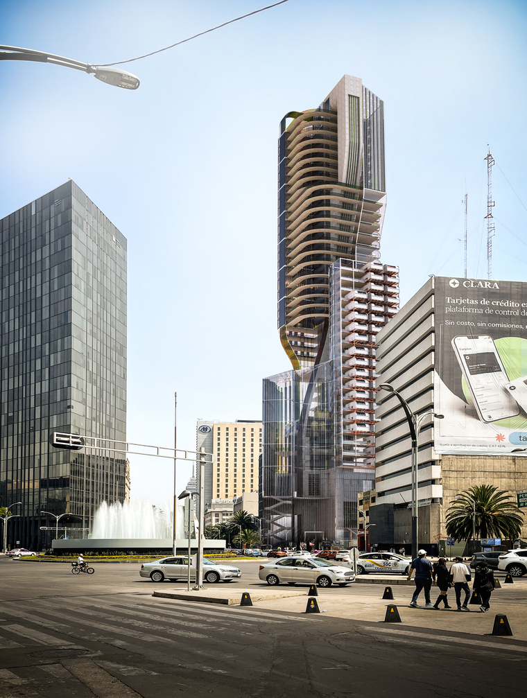 A street view render showing this tower project situated on site in Mexico City.